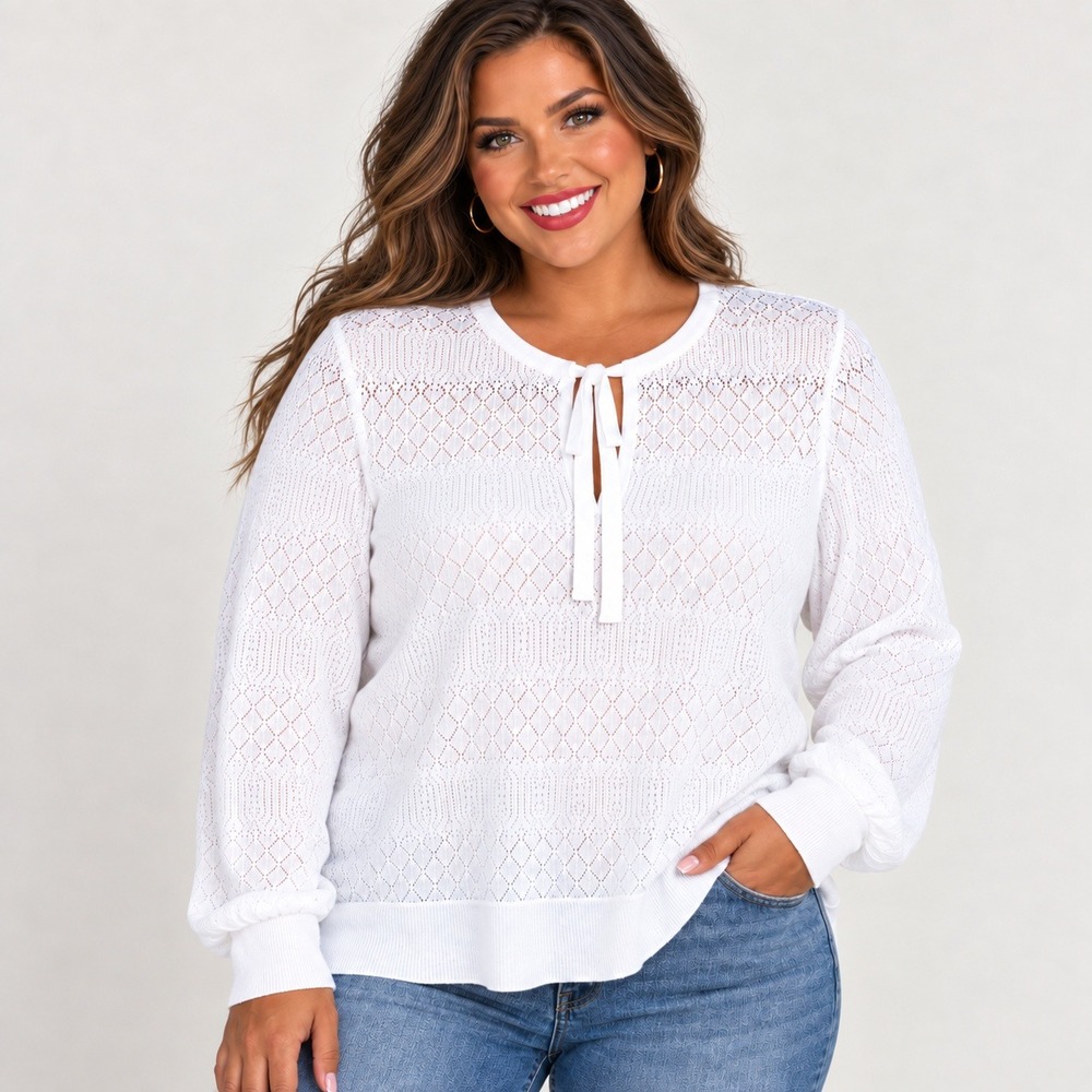 Torrid White Pointelle Knit Keyhole Tie Neck Long Sleeve Sweater Top